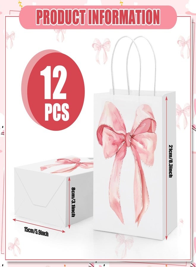 Draupnir 12PCS Coquette Pink Bow Paper Gift Bags, Party Favor Bags, Pink Goodie Bags for Birthday&Bachelorette Party Decoration Coquette Bow Gift Pouches with Handles 8.3x5.9x3.1 Inch - Image 2